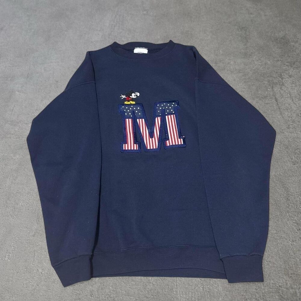 Vintage Mickey Mouse USA Flag Embroidered Crewneck Navy Made in USA L